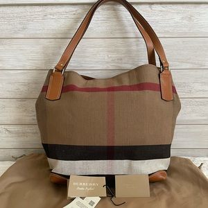 Authentic Burberry Canvas Check Medium Maidstone Tote in Saddlebrown